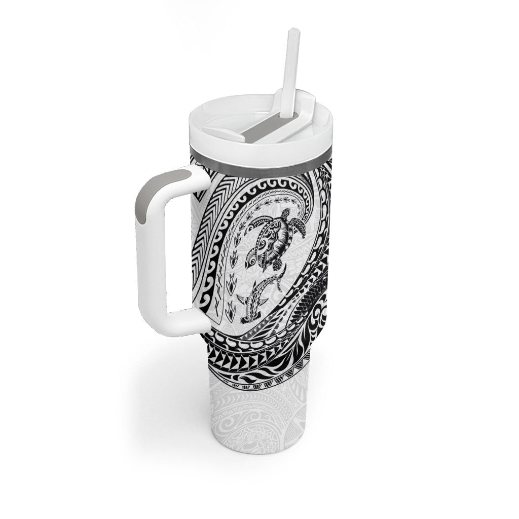 Hawaiian Turtle and Shark Tumbler With Handle Kakau Tribal with Polynesian Pattern White Color LT03 - Polynesian Pride