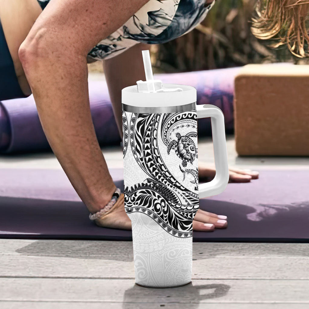 Hawaiian Turtle and Shark Tumbler With Handle Kakau Tribal with Polynesian Pattern White Color LT03 - Polynesian Pride