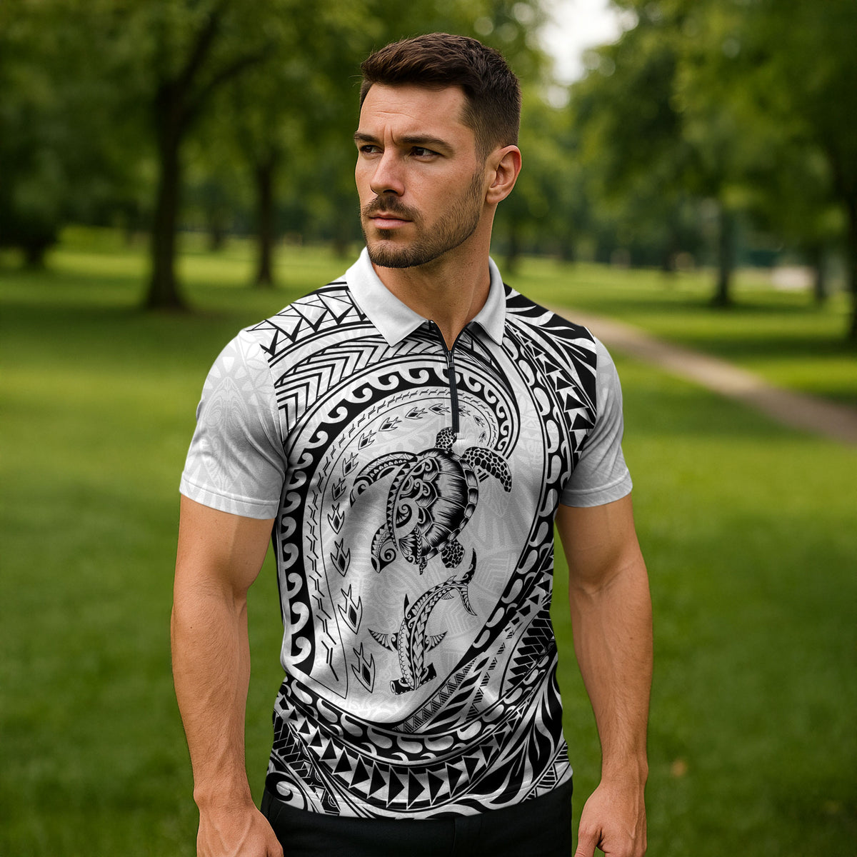 Hawaiian Turtle and Shark Zipper Polo Shirt Kakau Tribal with Polynesian Pattern White Color LT03 - Polynesian Pride