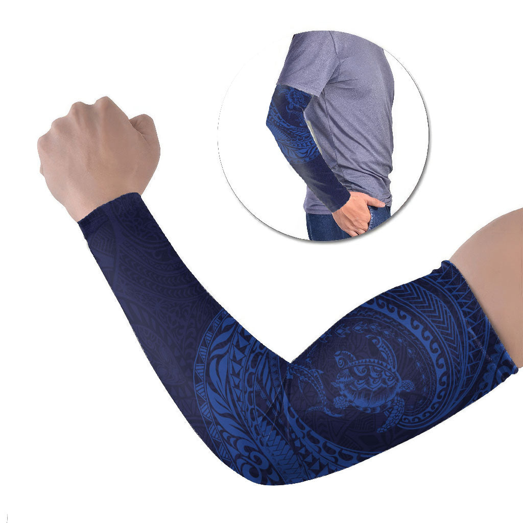Hawaiian Turtle and Shark Arm Sleeves Kakau Tribal with Polynesian Pattern Blue Color LT03 Set of 2 Blue - Polynesian Pride