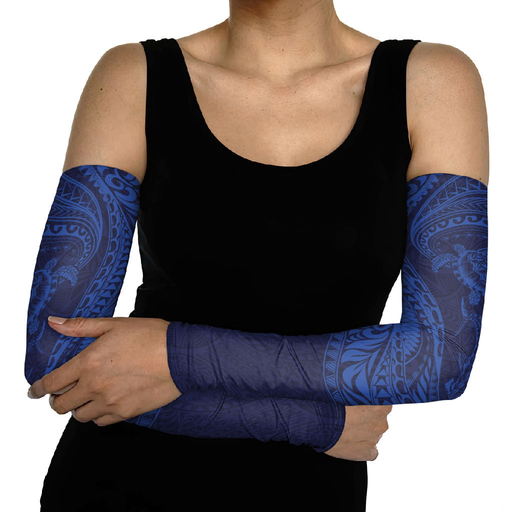 Hawaiian Turtle and Shark Arm Sleeves Kakau Tribal with Polynesian Pattern Blue Color LT03 - Polynesian Pride