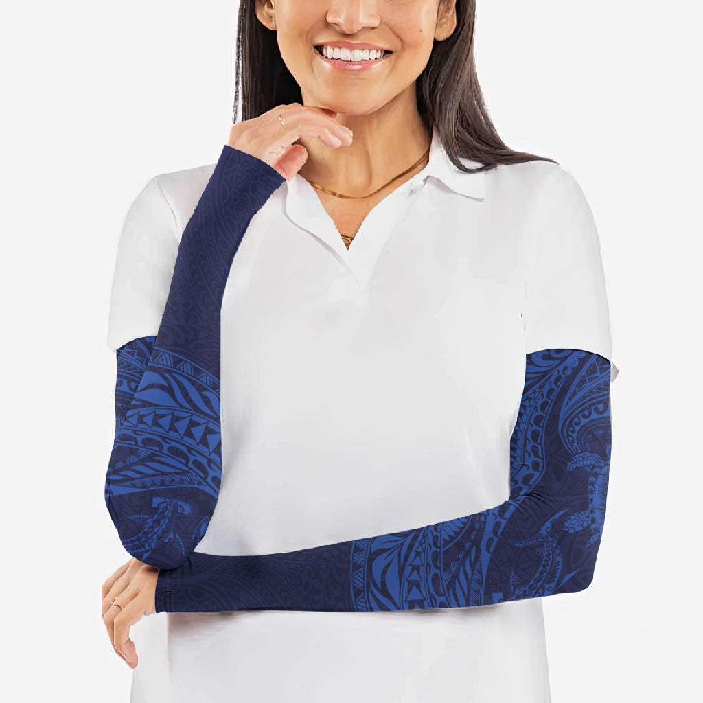 Hawaiian Turtle and Shark Arm Sleeves Kakau Tribal with Polynesian Pattern Blue Color LT03 - Polynesian Pride