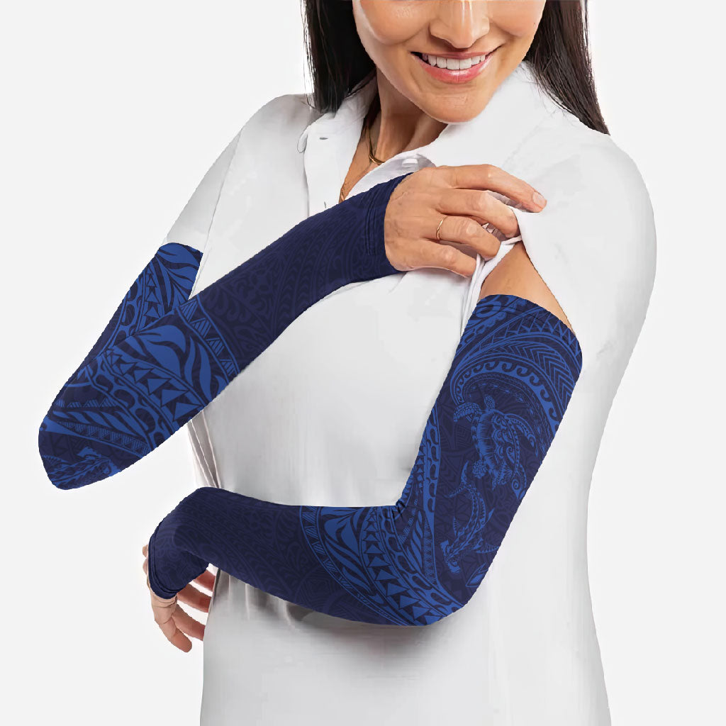 Hawaiian Turtle and Shark Arm Sleeves Kakau Tribal with Polynesian Pattern Blue Color LT03 - Polynesian Pride