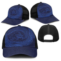 Hawaiian Turtle and Shark Baseball Net Cap Kakau Tribal with Polynesian Pattern Blue Color LT03 - Polynesian Pride