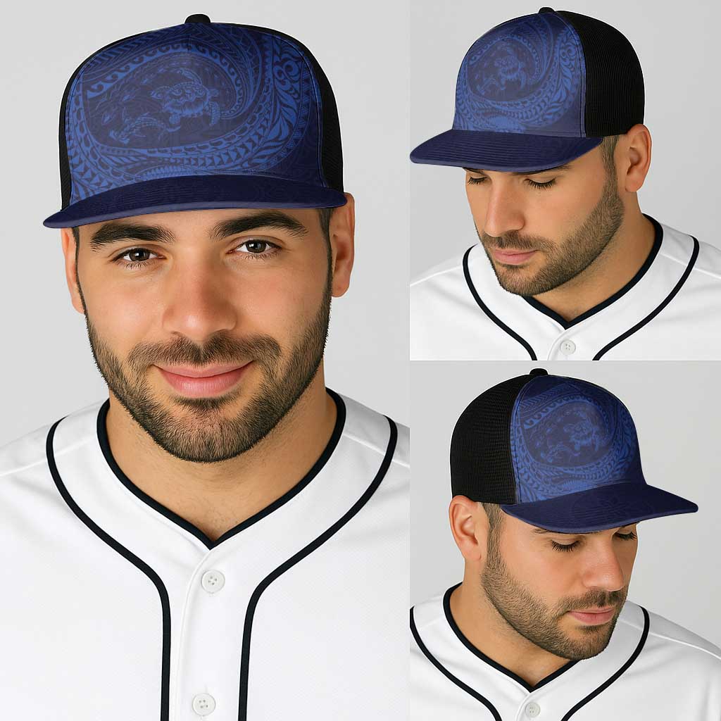 Hawaiian Turtle and Shark Baseball Net Cap Kakau Tribal with Polynesian Pattern Blue Color LT03 - Polynesian Pride