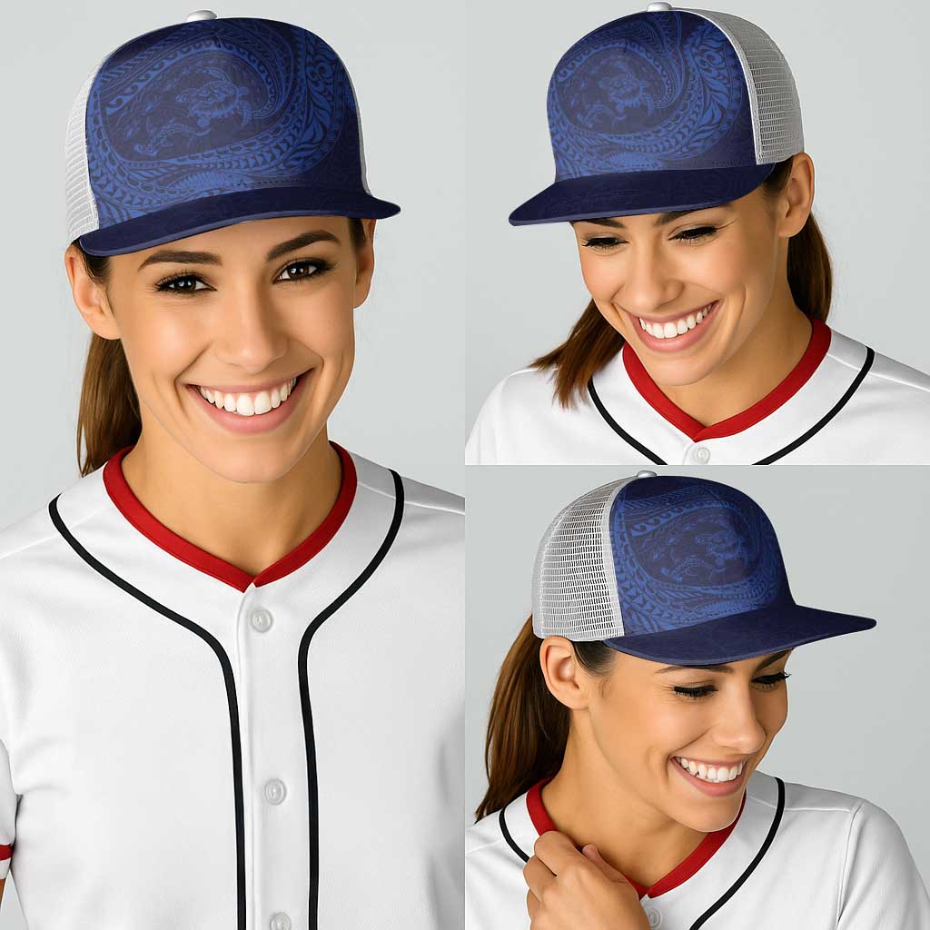 Hawaiian Turtle and Shark Baseball Net Cap Kakau Tribal with Polynesian Pattern Blue Color LT03 - Polynesian Pride