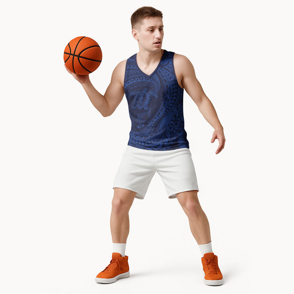 Hawaiian Turtle and Shark Basketball Jersey Kakau Tribal with Polynesian Pattern Blue Color LT03 - Polynesian Pride