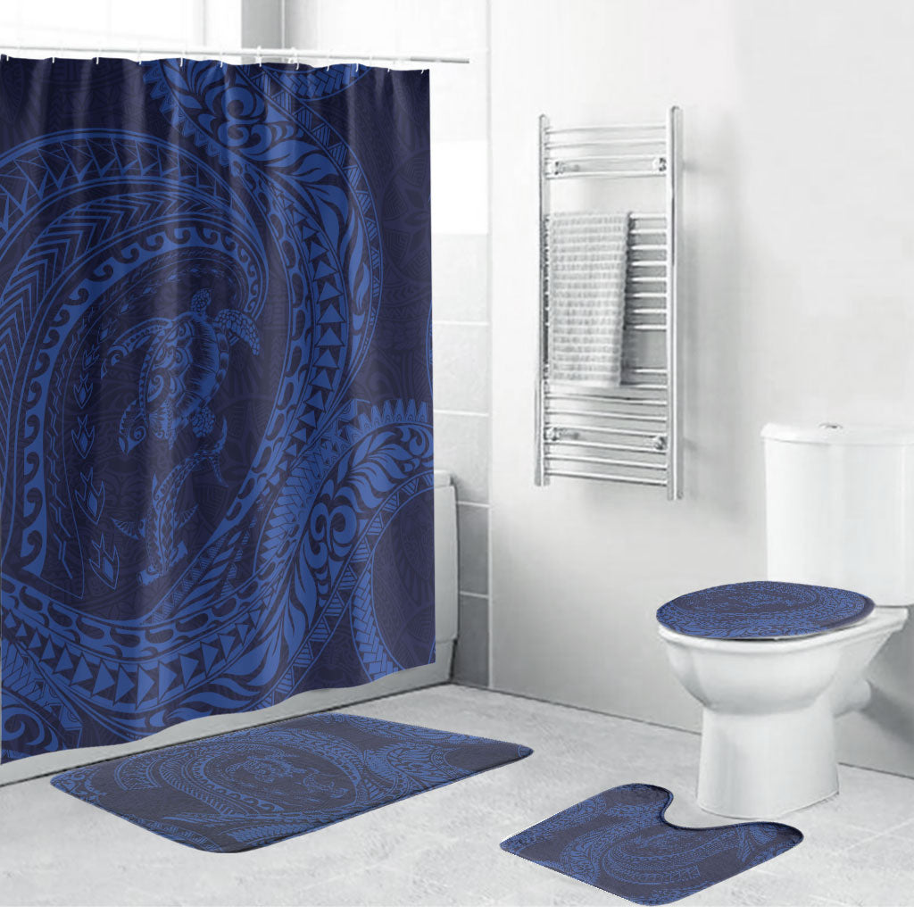 Hawaiian Turtle and Shark Bathroom Set Kakau Tribal with Polynesian Pattern Blue Color LT03 Bathroom Set (4 pcs) Blue - Polynesian Pride