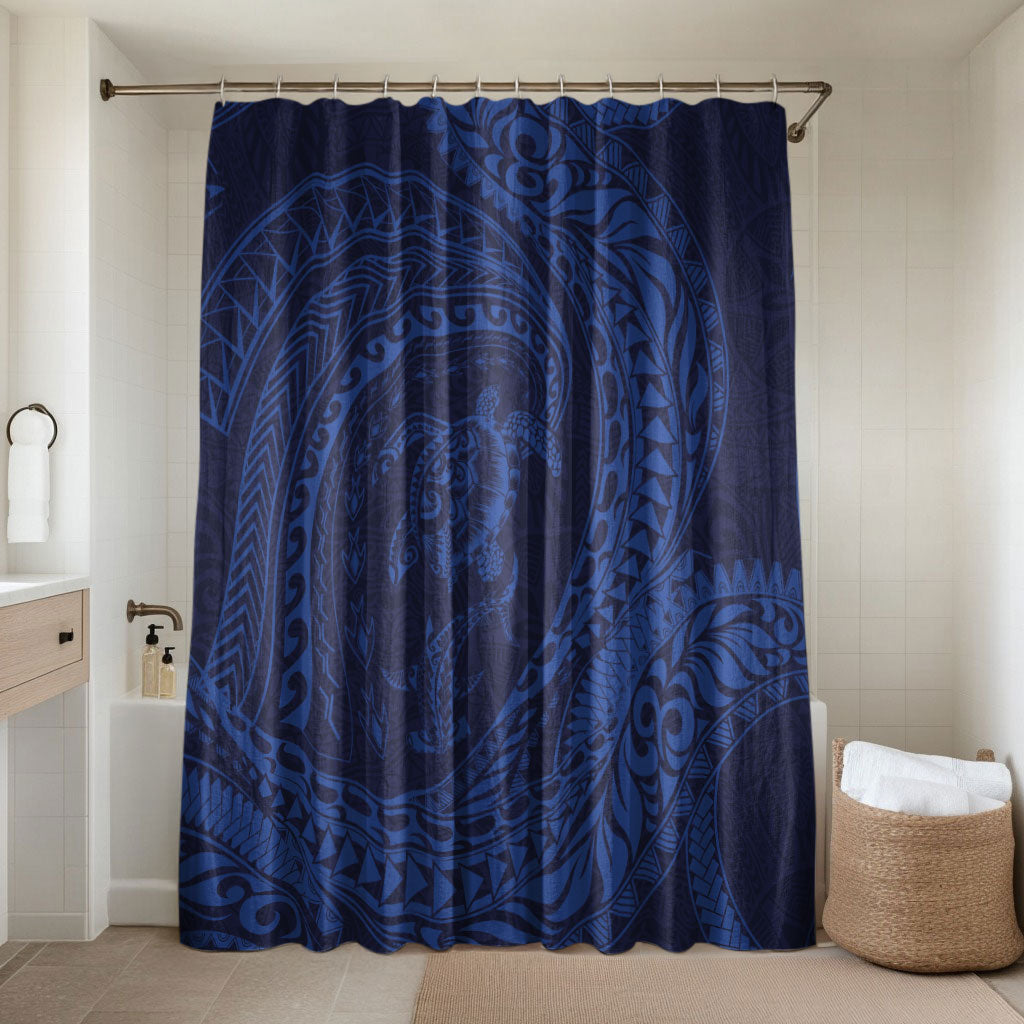 Hawaiian Turtle and Shark Bathroom Set Kakau Tribal with Polynesian Pattern Blue Color LT03 Shower Curtain Only Blue - Polynesian Pride