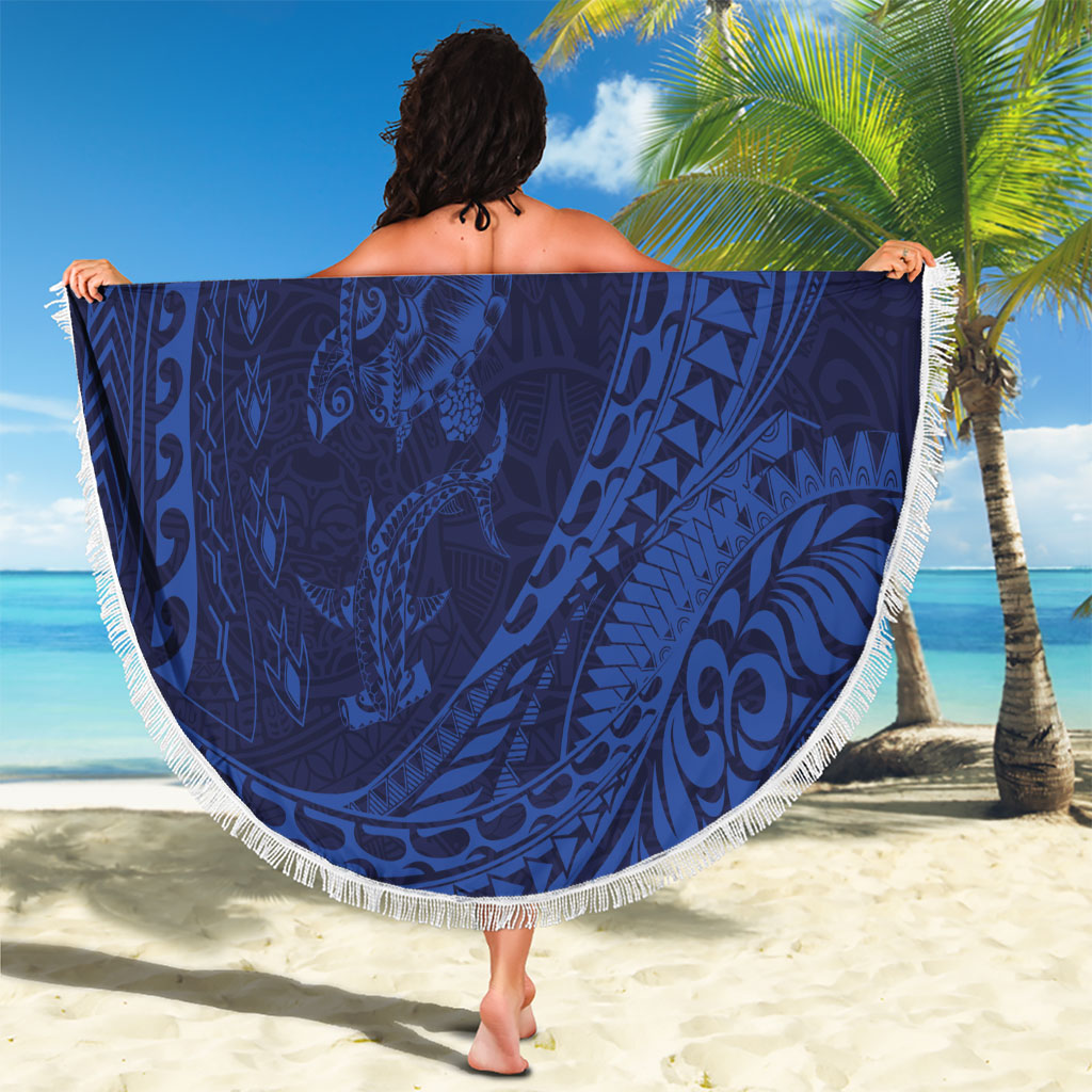 Hawaiian Turtle and Shark Beach Blanket Kakau Tribal with Polynesian Pattern Blue Color LT03 - Polynesian Pride