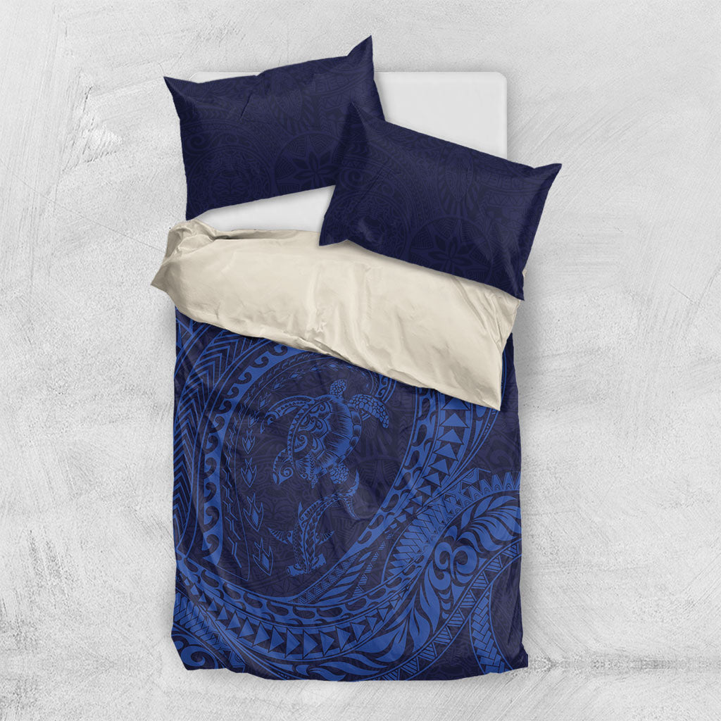 Hawaiian Turtle and Shark Bedding Set Kakau Tribal with Polynesian Pattern Blue Color LT03 US Twin 172cm x 218cm Blue - Polynesian Pride