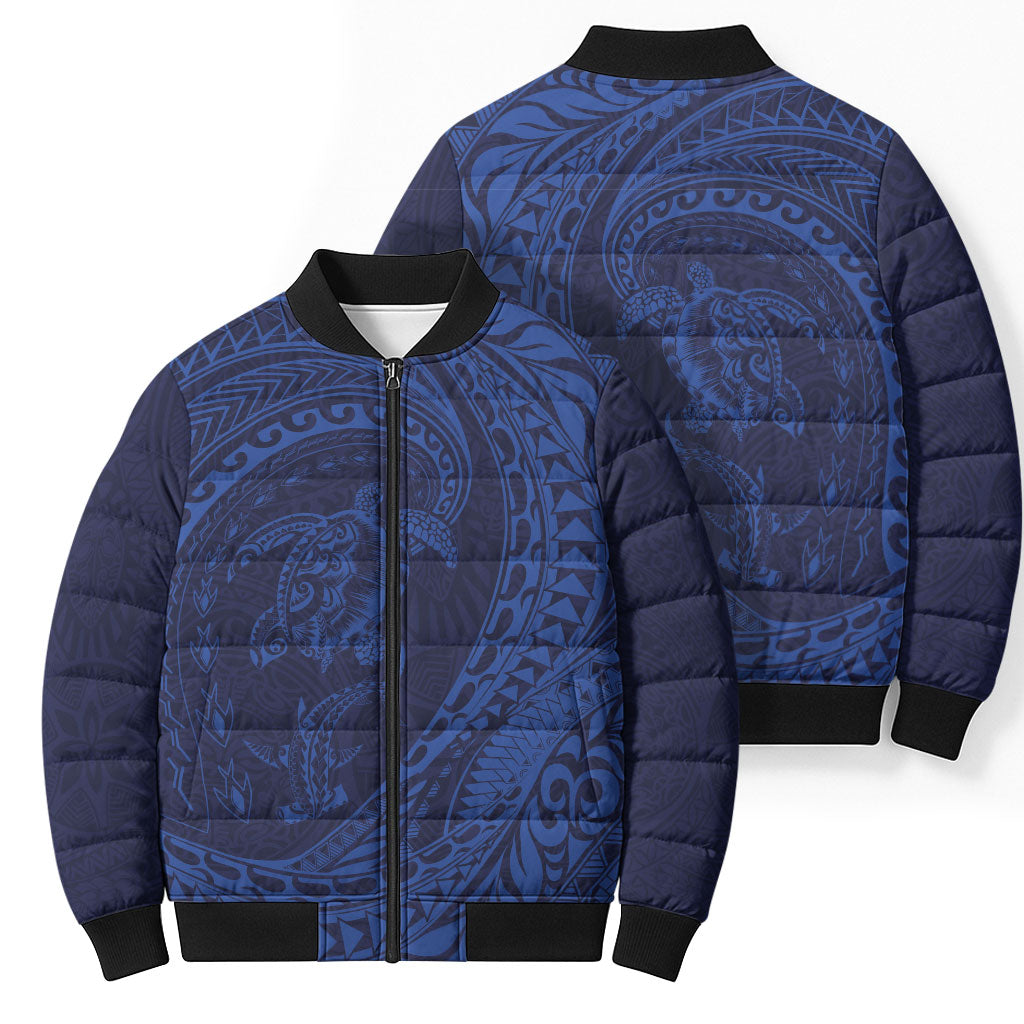 Hawaiian Turtle and Shark Bomber Puffer Jacket Kakau Tribal with Polynesian Pattern Blue Color LT03 - Polynesian Pride