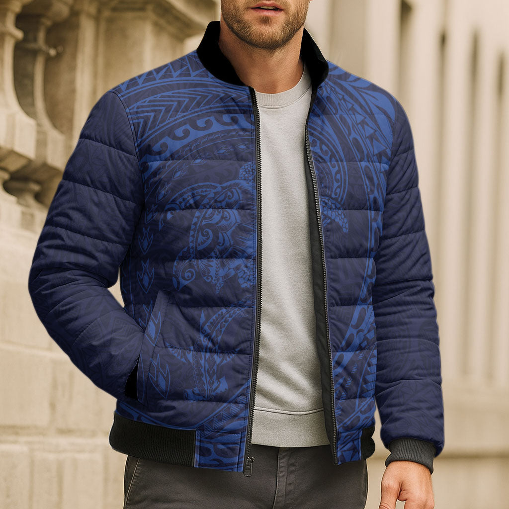 Hawaiian Turtle and Shark Bomber Puffer Jacket Kakau Tribal with Polynesian Pattern Blue Color LT03 - Polynesian Pride