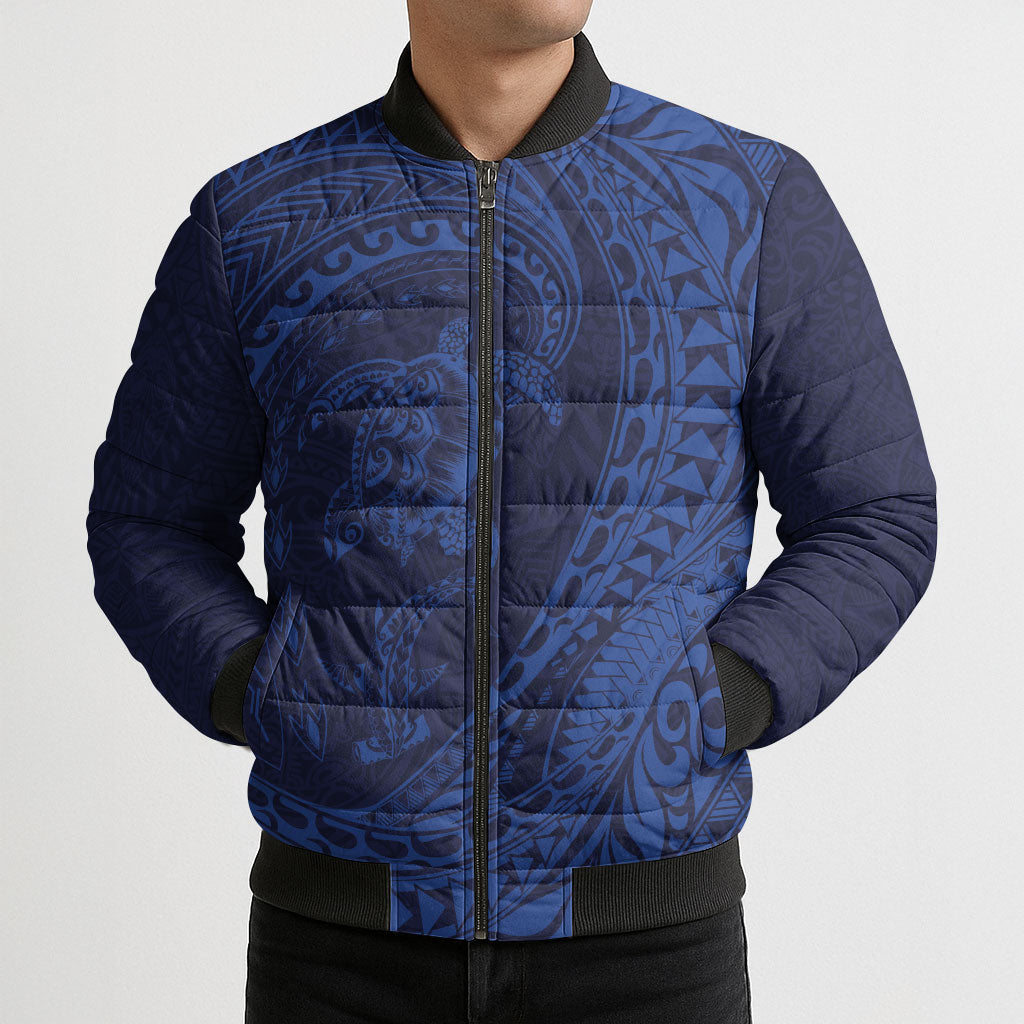 Hawaiian Turtle and Shark Bomber Puffer Jacket Kakau Tribal with Polynesian Pattern Blue Color LT03 - Polynesian Pride