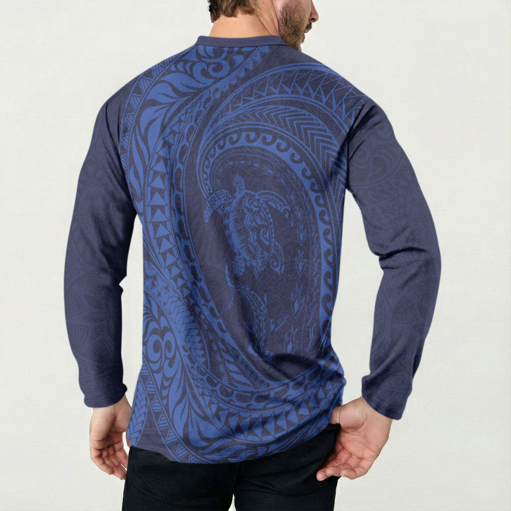 Hawaiian Turtle and Shark Button Sweatshirt Kakau Tribal with Polynesian Pattern Blue Color LT03 - Polynesian Pride