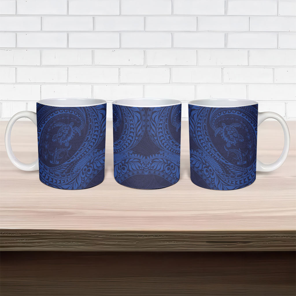 Hawaiian Turtle and Shark Ceramic Mug Kakau Tribal with Polynesian Pattern Blue Color LT03 - Polynesian Pride