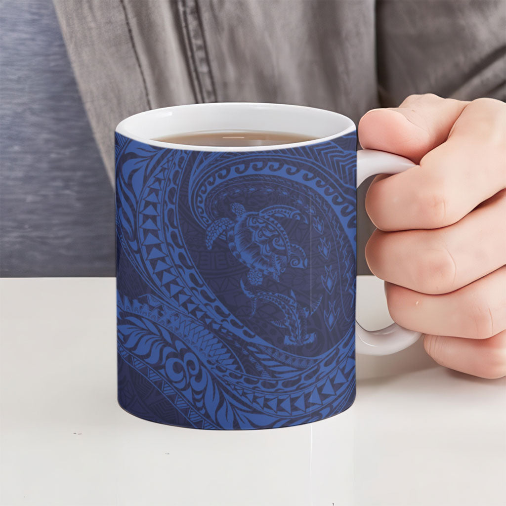 Hawaiian Turtle and Shark Ceramic Mug Kakau Tribal with Polynesian Pattern Blue Color LT03 - Polynesian Pride