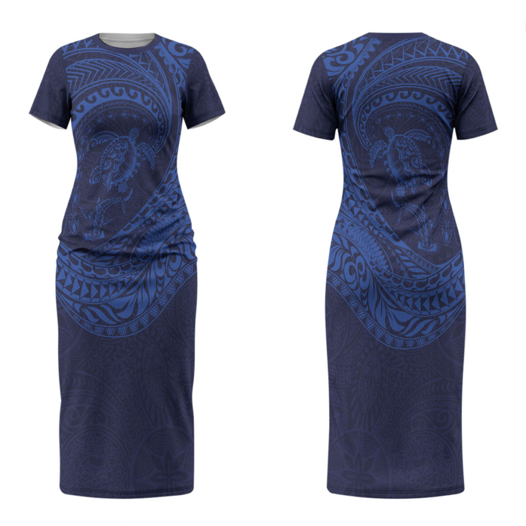 Hawaiian Turtle and Shark Couples Matching Short Sleeve Bodycon Dress and Long Sleeve Button Shirt Kakau Tribal with Polynesian Pattern Blue Color LT03 - Polynesian Pride