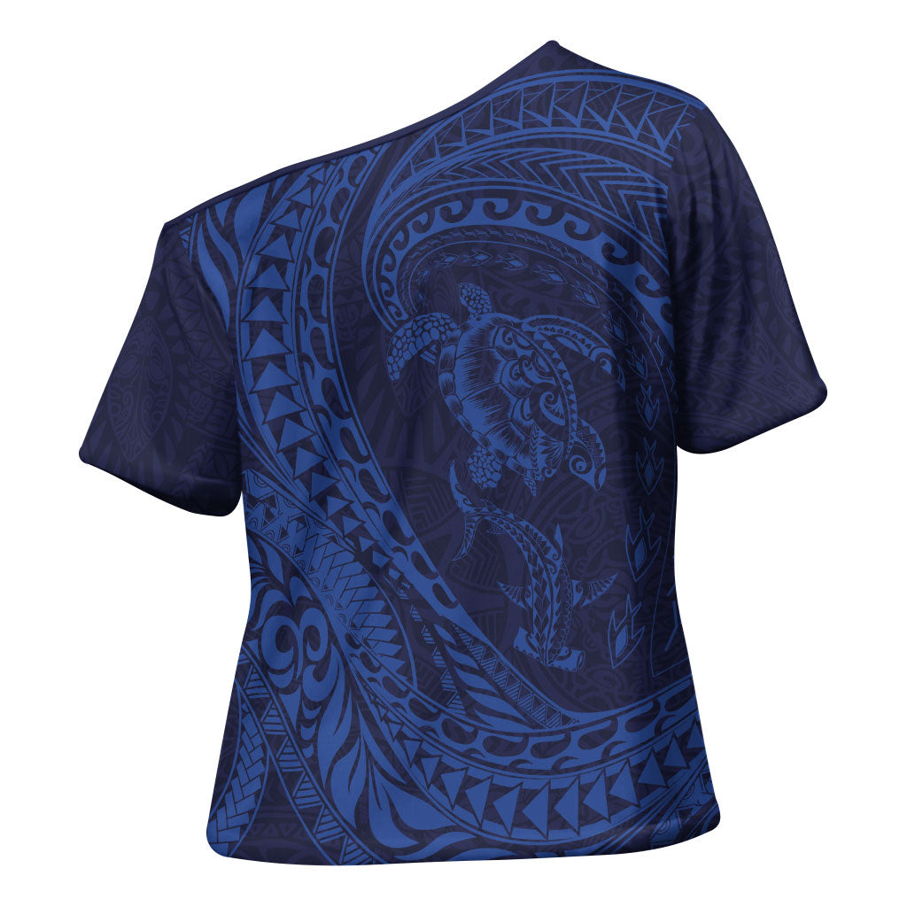 Hawaiian Turtle and Shark Cross Shoulder Shirt Kakau Tribal with Polynesian Pattern Blue Color LT03 - Polynesian Pride