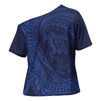 Hawaiian Turtle and Shark Cross Shoulder Shirt Kakau Tribal with Polynesian Pattern Blue Color LT03 - Polynesian Pride