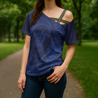 Hawaiian Turtle and Shark Cross Shoulder Shirt Kakau Tribal with Polynesian Pattern Blue Color LT03 - Polynesian Pride