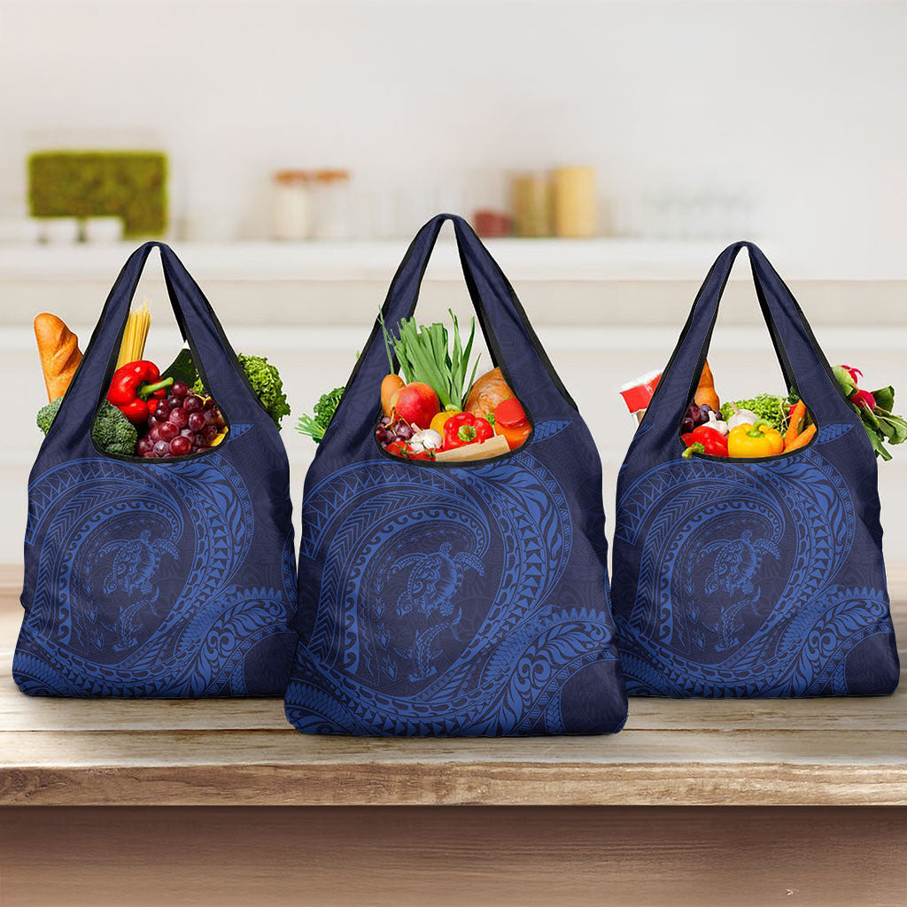 Hawaiian Turtle and Shark Grocery Bag Kakau Tribal with Polynesian Pattern Blue Color LT03 3-pack One Size Blue - Polynesian Pride