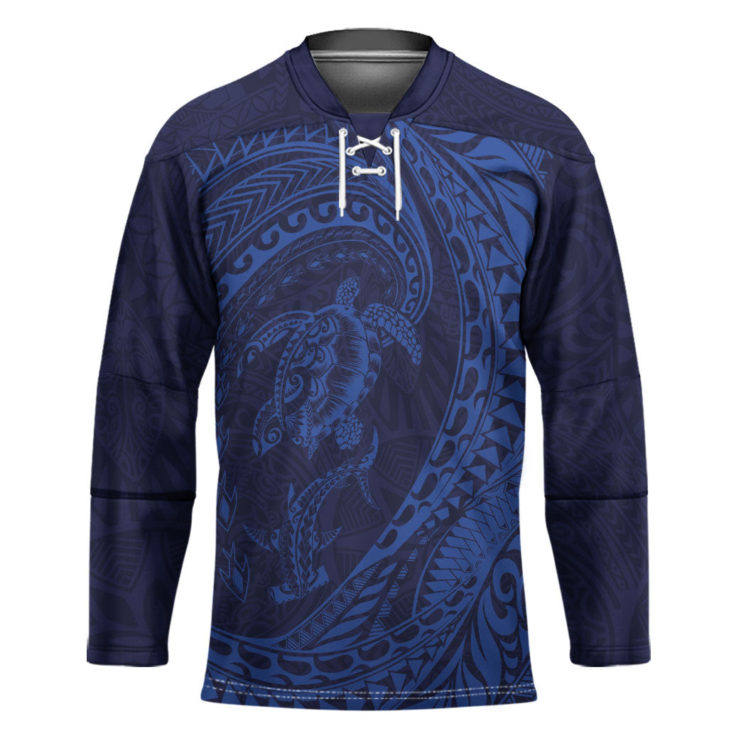Hawaiian Turtle and Shark Hockey Jersey Kakau Tribal with Polynesian Pattern Blue Color LT03 Unisex Blue - Polynesian Pride