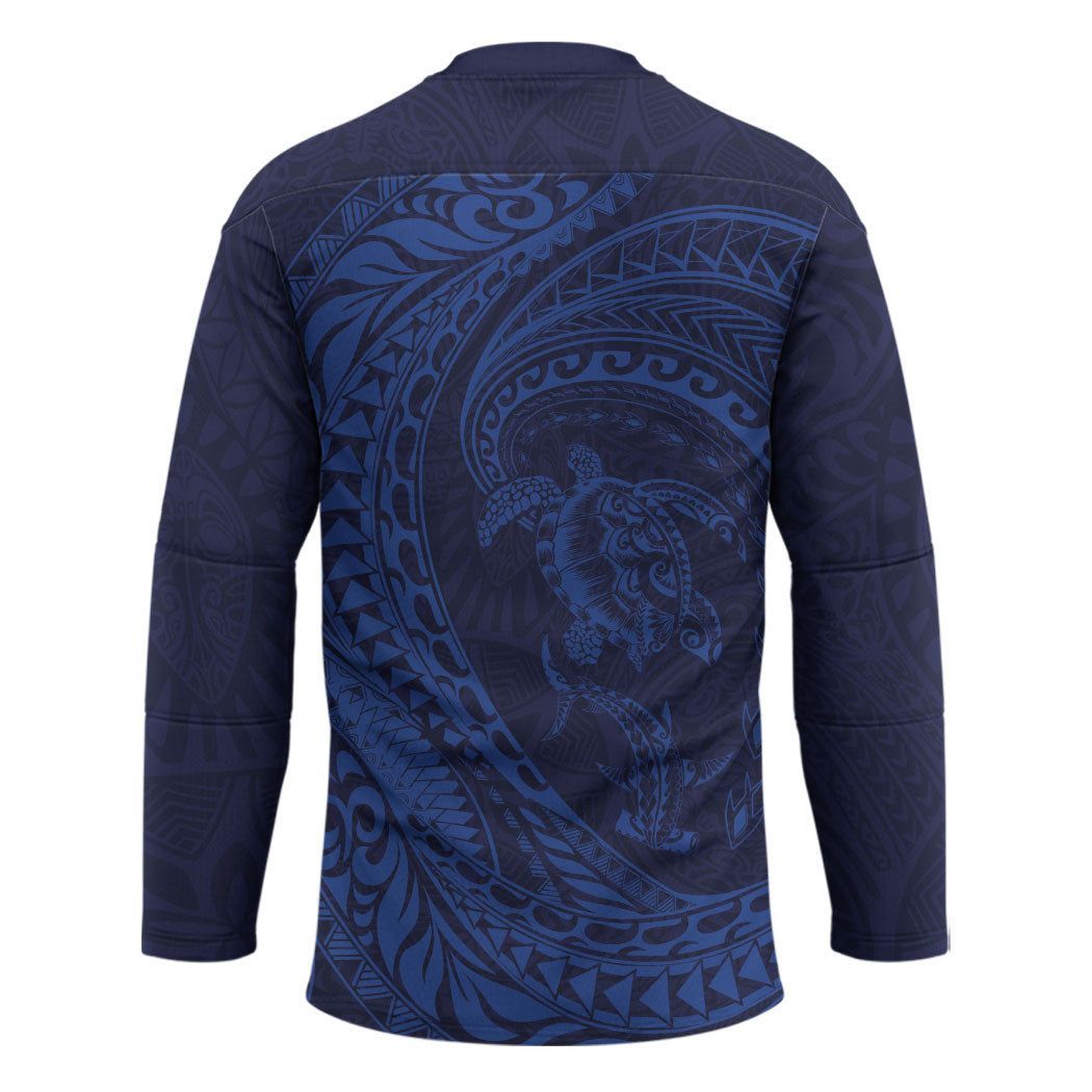 Hawaiian Turtle and Shark Hockey Jersey Kakau Tribal with Polynesian Pattern Blue Color LT03 - Polynesian Pride
