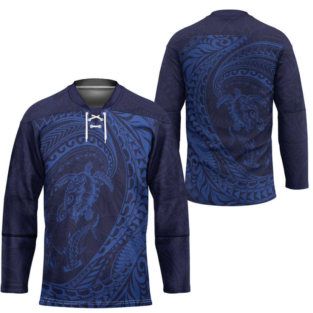 Hawaiian Turtle and Shark Hockey Jersey Kakau Tribal with Polynesian Pattern Blue Color LT03 - Polynesian Pride