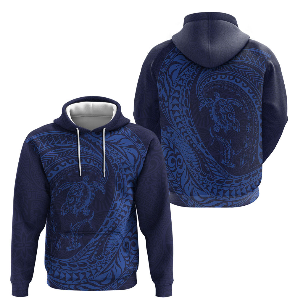 Hawaiian Turtle and Shark Hoodie Kakau Tribal with Polynesian Pattern Blue Color LT03 - Polynesian Pride
