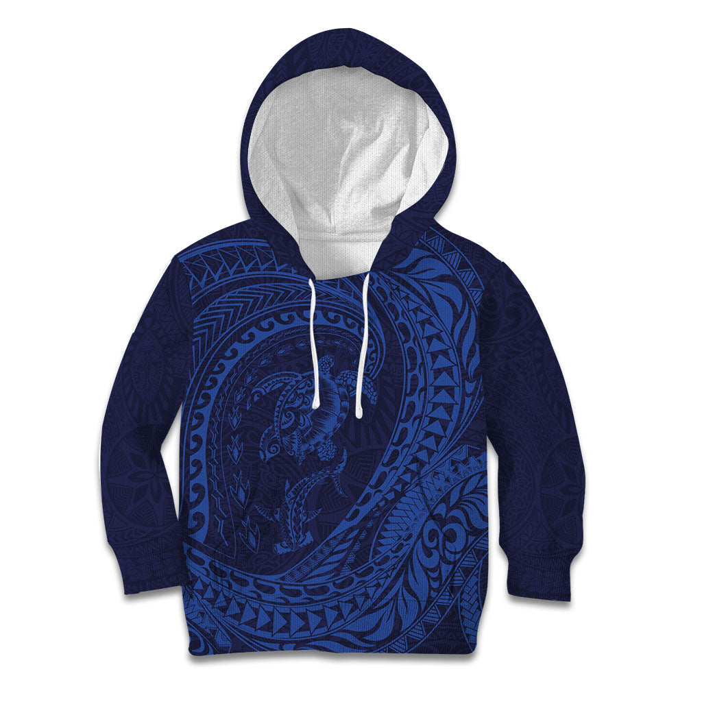 Hawaiian Turtle and Shark Kid Hoodie Kakau Tribal with Polynesian Pattern Blue Color LT03 Hoodie Blue - Polynesian Pride
