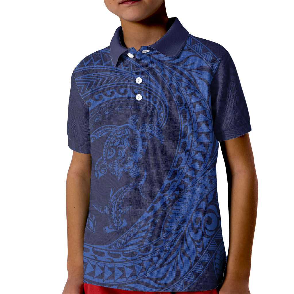 Hawaiian Turtle and Shark Kid Polo Shirt Kakau Tribal with Polynesian Pattern Blue Color LT03 Kid Blue - Polynesian Pride