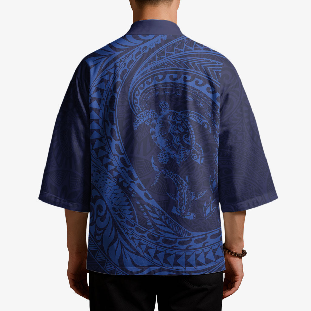 Hawaiian Turtle and Shark Kimono Kakau Tribal with Polynesian Pattern Blue Color LT03 - Polynesian Pride