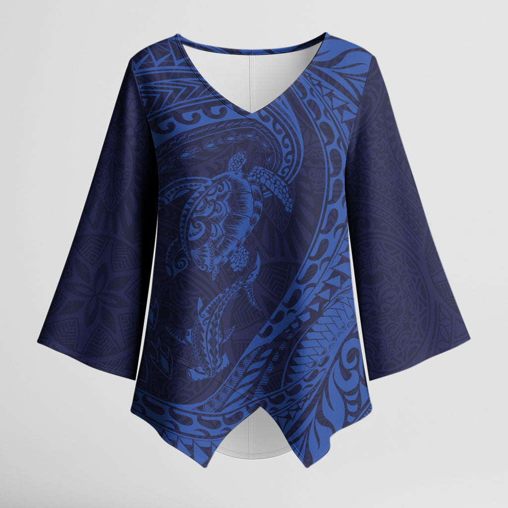 Hawaiian Turtle and Shark Kimono Sleeve Blouse Kakau Tribal with Polynesian Pattern Blue Color LT03 Female Blue - Polynesian Pride