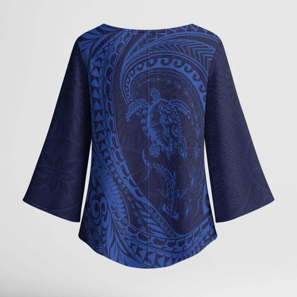 Hawaiian Turtle and Shark Kimono Sleeve Blouse Kakau Tribal with Polynesian Pattern Blue Color LT03 - Polynesian Pride