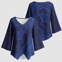 Hawaiian Turtle and Shark Kimono Sleeve Blouse Kakau Tribal with Polynesian Pattern Blue Color LT03 - Polynesian Pride