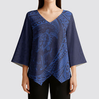 Hawaiian Turtle and Shark Kimono Sleeve Blouse Kakau Tribal with Polynesian Pattern Blue Color LT03 - Polynesian Pride