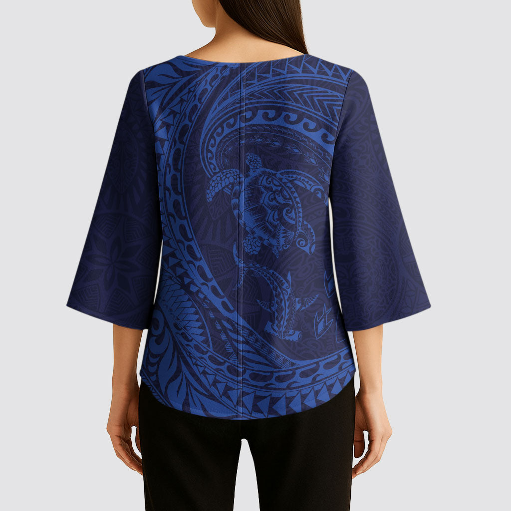 Hawaiian Turtle and Shark Kimono Sleeve Blouse Kakau Tribal with Polynesian Pattern Blue Color LT03 - Polynesian Pride