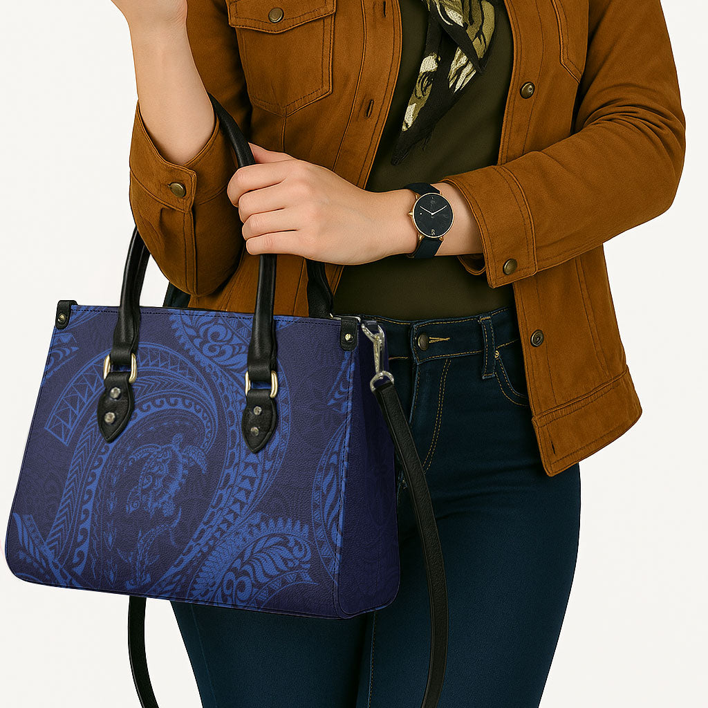Hawaiian Turtle and Shark Leather Bag Kakau Tribal with Polynesian Pattern Blue Color LT03 - Polynesian Pride