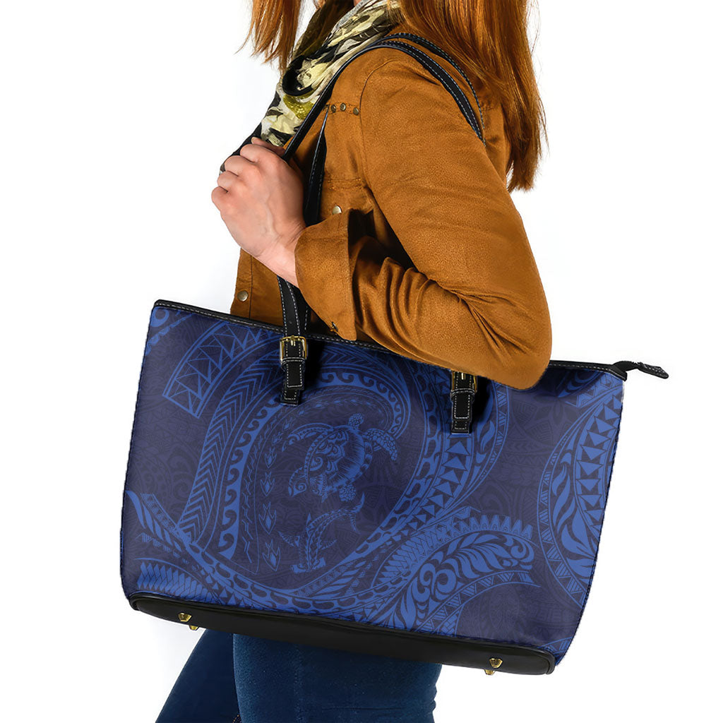 Hawaiian Turtle and Shark Leather Tote Bag Kakau Tribal with Polynesian Pattern Blue Color LT03 Blue - Polynesian Pride