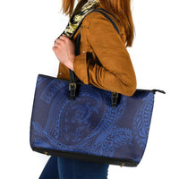 Hawaiian Turtle and Shark Leather Tote Bag Kakau Tribal with Polynesian Pattern Blue Color LT03 Blue - Polynesian Pride