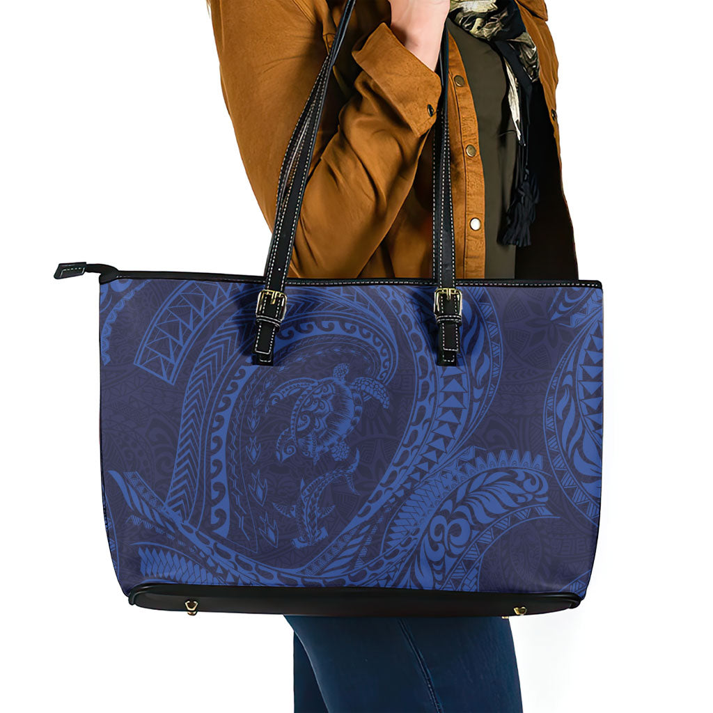 Hawaiian Turtle and Shark Leather Tote Bag Kakau Tribal with Polynesian Pattern Blue Color LT03 - Polynesian Pride