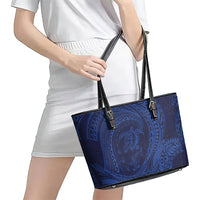 Hawaiian Turtle and Shark Leather Tote Bag Kakau Tribal with Polynesian Pattern Blue Color LT03 - Polynesian Pride
