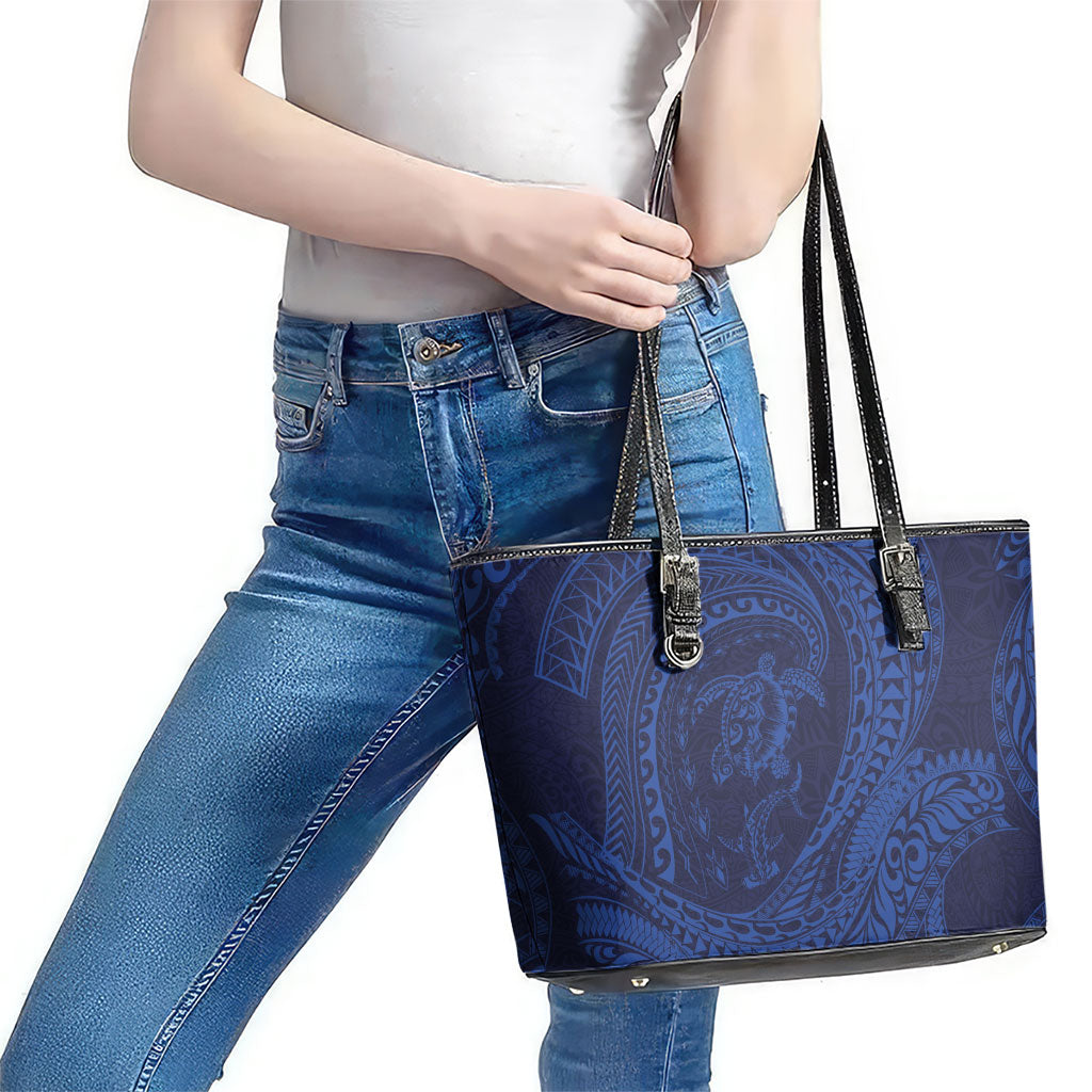 Hawaiian Turtle and Shark Leather Tote Bag Kakau Tribal with Polynesian Pattern Blue Color LT03 - Polynesian Pride