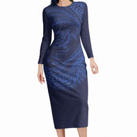 Hawaiian Turtle and Shark Long Sleeve Bodycon Dress Kakau Tribal with Polynesian Pattern Blue Color LT03 Long Dress Blue - Polynesian Pride