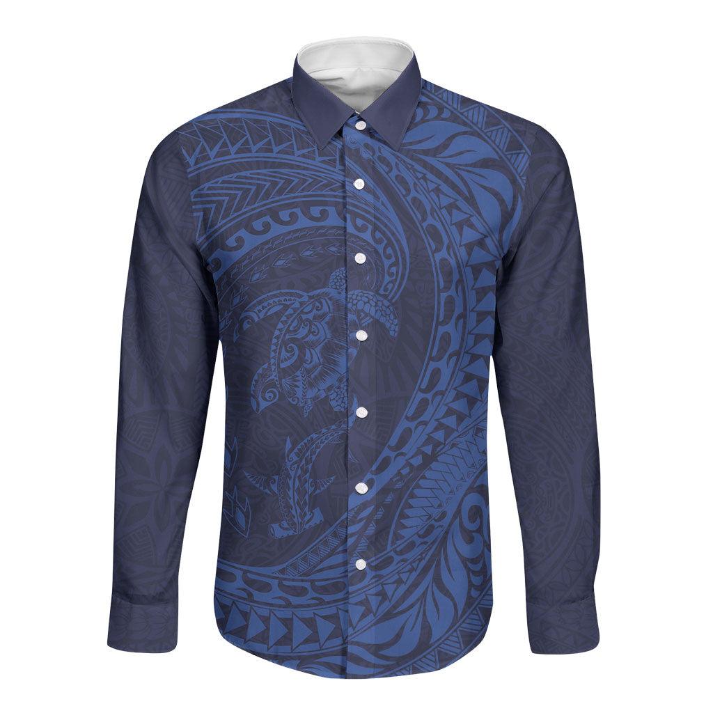 Hawaiian Turtle and Shark Long Sleeve Button Shirt Kakau Tribal with Polynesian Pattern Blue Color LT03 Unisex Blue - Polynesian Pride