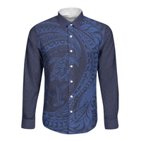 Hawaiian Turtle and Shark Long Sleeve Button Shirt Kakau Tribal with Polynesian Pattern Blue Color LT03 Unisex Blue - Polynesian Pride