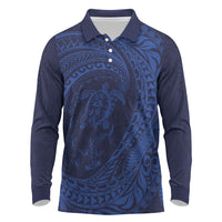 Hawaiian Turtle and Shark Long Sleeve Polo Shirt Kakau Tribal with Polynesian Pattern Blue Color LT03 Blue - Polynesian Pride