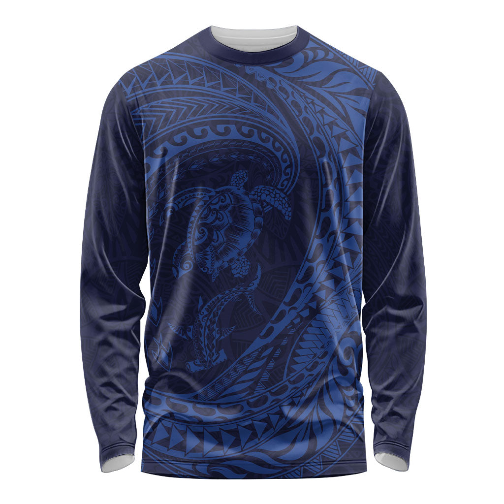 Hawaiian Turtle and Shark Long Sleeve Shirt Kakau Tribal with Polynesian Pattern Blue Color LT03 Unisex Blue - Polynesian Pride