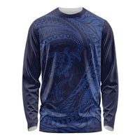 Hawaiian Turtle and Shark Long Sleeve Shirt Kakau Tribal with Polynesian Pattern Blue Color LT03 Unisex Blue - Polynesian Pride